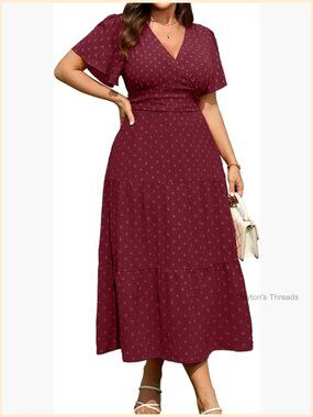Plus Size Wrap V Neck Swiss Dot Empire Waist Maxi Dress